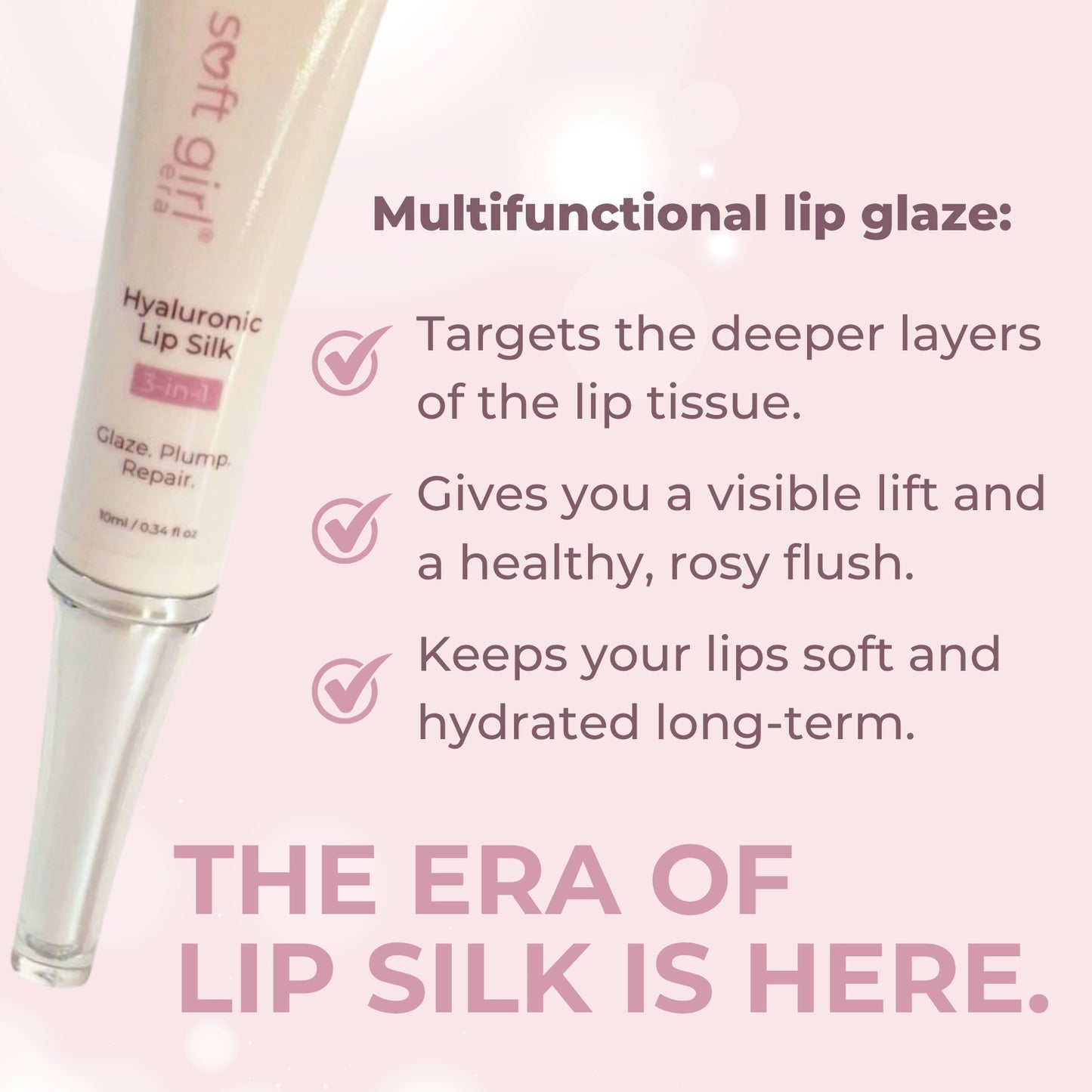 Multifunctional lip glaze with product details on a pink background