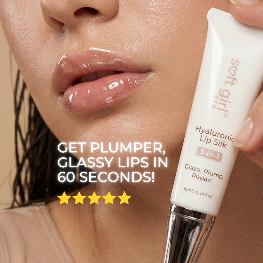 Close-up of a person holding a white tube of Soft Girl Hyaluronic Lip Silk 3-in-1 lip treatment near their lips, with promotional text reading 'GET PLUMPER, GLASSY LIPS IN 60 SECONDS!' and five yellow stars.