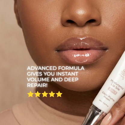 Close-up of a person's lower face holding a white tube of lip gloss. The text on the image reads 'ADVANCED FORMULA GIVES YOU INSTANT VOLUME AND DEEP REPAIR!' with five gold stars, and the tube is labeled 'Hyaluronic Lip Silk'.