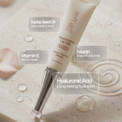 Soft Girl Hyaluronic Lip Silk 3-in-1 tube with a silver cap, shown on a textured beige surface with water droplets and text callouts highlighting jojoba seed oil, vitamin E, niacin, and hyaluronic acid benefits.