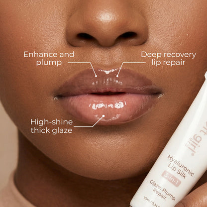 Long-wear hyaluronic plumping lip glaze, shiny lips with text labels on a close-up of lips and skin